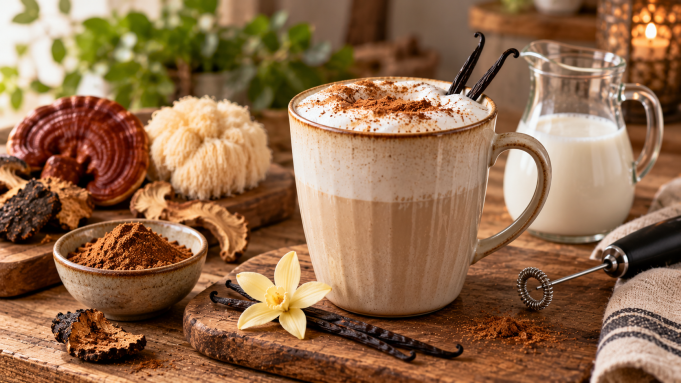Houbové vanilkové latte s napěněným mlékem