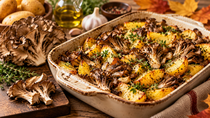 Maitake brambory recept_ jednoduchý podzimní talíř z trouby