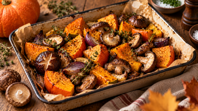 Shiitake s pečenou dýní_ jednoduchý podzimní recept z jednoho pekáče