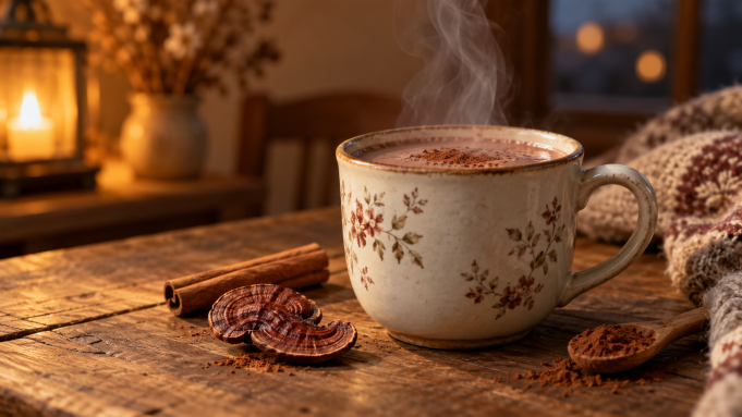 Teplé kakao s Reishi a skořicí jednoduchý recept na chladný večer